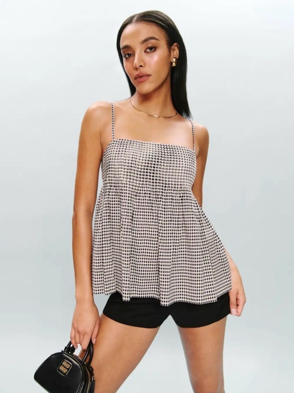 Reformation Cici Top Camisole French Remy Check Black White Causal Cotton